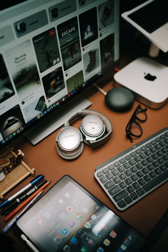 creative A neatly organized home office setup featuring tablets, headphones, and eyeglasses for a productive environment.